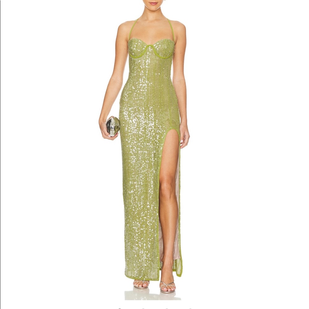 Camila Coelho Lime Green Sequin Maxi Dress with Thigh Slit
